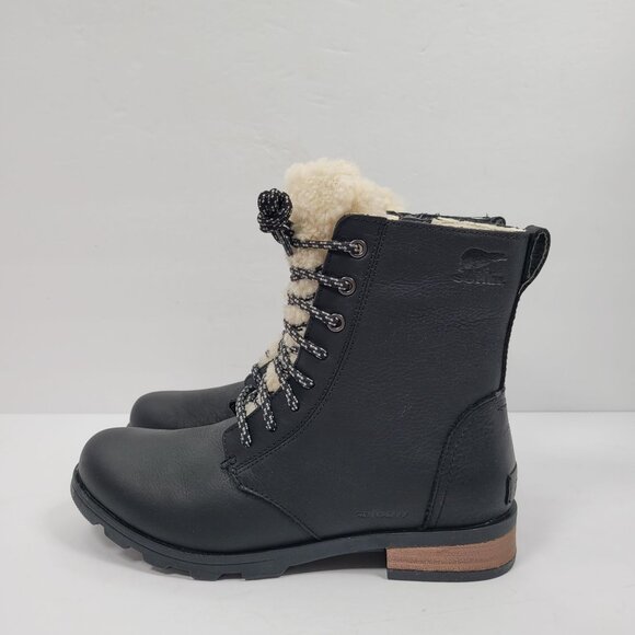Sorel Emelie Women's Genuine Shearling Short Lace Cozy Black Boots US Size 7 NWB - Picture 4 of 12